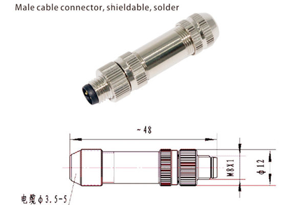 M8 IP67 connettore circolare maschio, chiusura a scudo 3 4 5 6 8 connettore tipo pin assembly